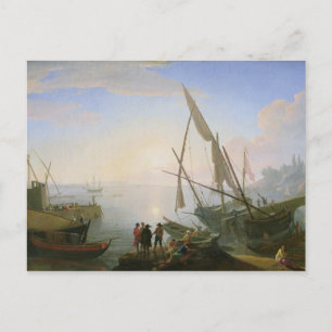 Seaport with sunset postcard
