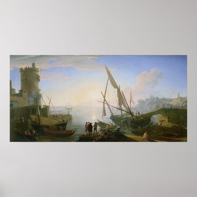Seaport with sunset poster (Front)