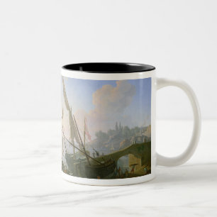 Seaport with sunset Two-Tone coffee mug