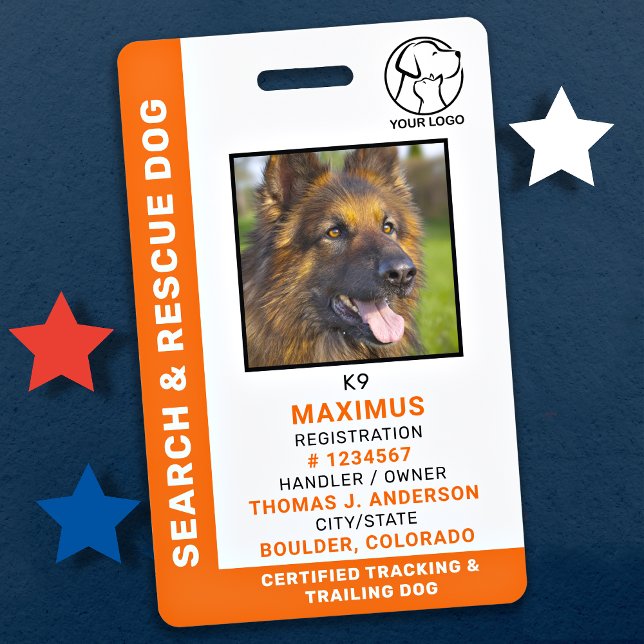Search & Rescue Dog ID SAR K9 Custom Logo Photo ID Badge (Creator Uploaded)