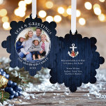 Seas and Greetings Anchor Blue Wood Print Tree Decoration Card<br><div class="desc">Modern Seas and Greetings Christmas Holiday Photo Ornament Card - Navy Blue Blue Wood Print. Anchor topped with Watercolor Floral including red poinsettias,  pine cones and other beautiful winter greenery. This is a greeting card that is also an ornament.</div>