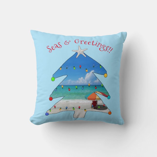 Seas and Greetings Beach Christmas Tree Cushion (Front)
