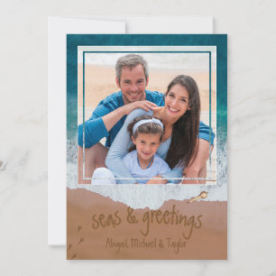 Seas and Greetings Beach Sand Writing Coastal Holiday Card