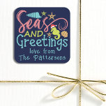 Seas And Greetings Beach Summer Christmas Square Sticker<br><div class="desc">Seas And Greetings Beach Summer Christmas Square Stickers features the text "Seas and Greetings" in modern calligraphy script typography accented with a festive seahorse and seashells with your personalised name. Created by Evco Studio www.zazzle.com/store/evcostudio</div>