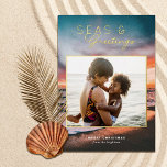 Seas and Greetings Beach Sunset Painting Photo  Foil Holiday Card<br><div class="desc">These beautiful holiday photo cards feature a beach sunset painting in the background and a rectangular (almost square) photo template. Stylish, modern typography reads, "Seas & Greetings" in real foil. The back is dark teal blue - Leave as is or customise the colour, if desired. Add more photos to the...</div>