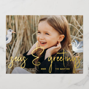 Seas and Greetings Blue Beach Theme Photo Foil Holiday Postcard