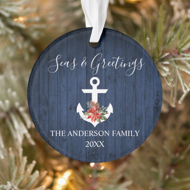 Seas and Greetings Blue Wood Poinsettia Anchor Ornament (Tree)