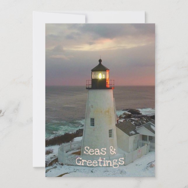 Seas and Greetings Blush Christmas Lighthouse Card (Front)