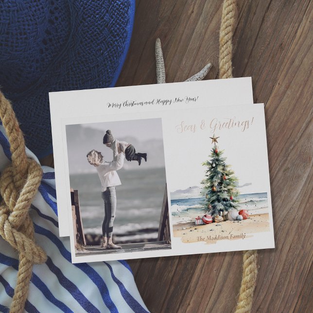 Seas and Greetings Christmas Tree on Beach  Foil Holiday Card (Creator Uploaded)