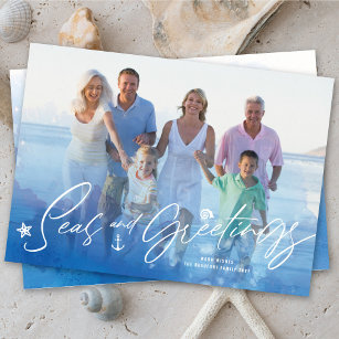 Seas And Greetings Coastal Ocean Watercolor Photo Holiday Card