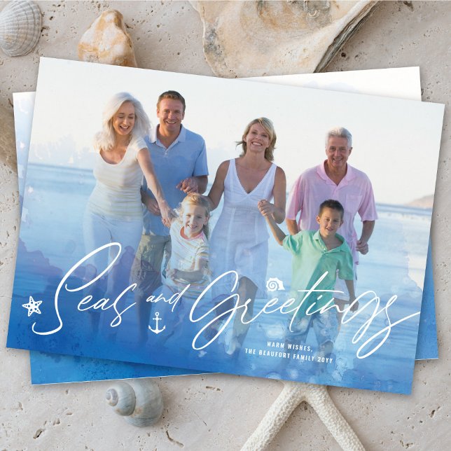 Seas And Greetings Coastal Ocean Watercolor Photo Holiday Card (Creator Uploaded)