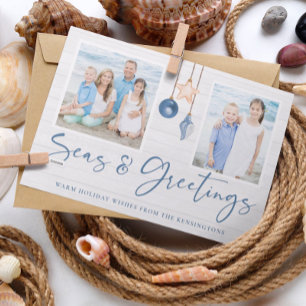 Seas and Greetings Coastal Wood Holiday Photo Card