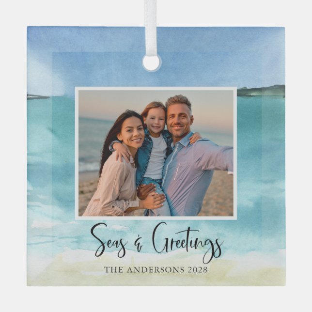 Seas and Greetings Family Photo Beach Ornament  (Front)