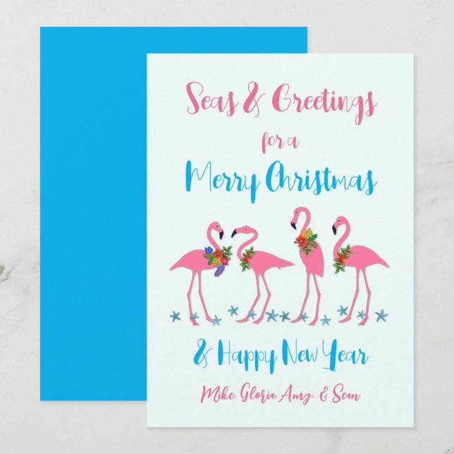 Seas and Greetings Flamingos Christmas Flat Card (Front/Back)