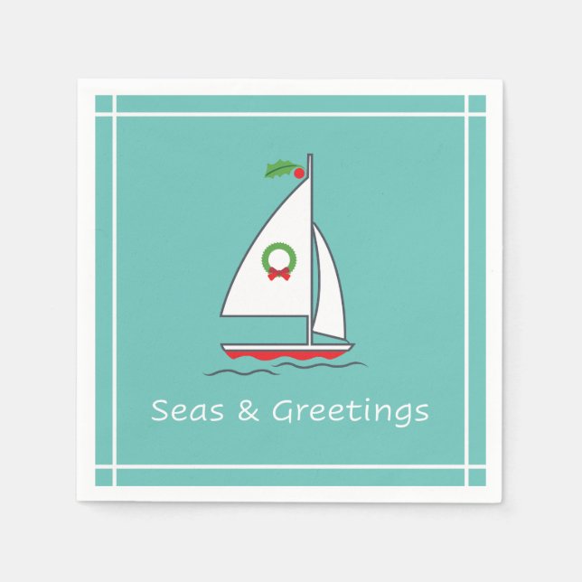 Seas and Greetings Nautical Holiday Napkin Seafoam (Front)