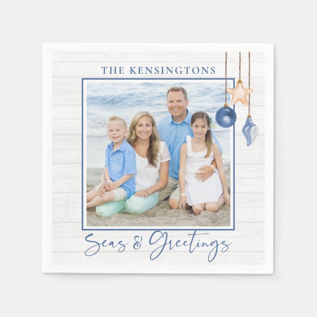 Seas and Greetings Nautical Seashell Wood Photo Napkin (Front)