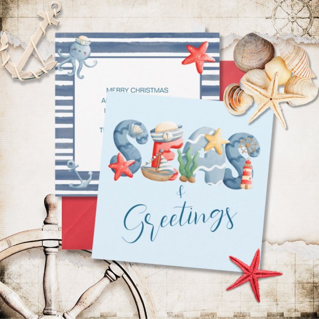 Seas and Greetings Nautical Watercolor Christmas Card (Creator Uploaded)