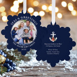 Seas and Greetings Photo Poinsettia Anchor Blue Tree Decoration Card<br><div class="desc">Modern Seas and Greetings Christmas Holiday Photo Ornament Card - Navy Blue Background. Anchor topped with Watercolor Floral including red poinsettias,  pine cones and other beautiful winter greenery. This is a greeting card that is also an ornament.</div>