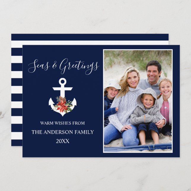 Seas and Greetings Poinsettia Anchor Photo Striped Holiday Card (Front/Back)