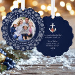 Seas and Greetings Poinsettia Anchor Snowflakes Tree Decoration Card<br><div class="desc">Modern Seas and Greetings Christmas Holiday Photo Ornament Card - Navy Blue and White Snowflakes Background. Anchor topped with Watercolor Floral including red poinsettias,  pine cones and other beautiful winter greenery. This is a greeting card that is also an ornament.</div>