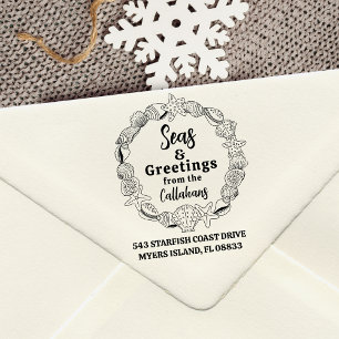 Seas and Greetings Return Address Seashell Wreath Rubber Stamp