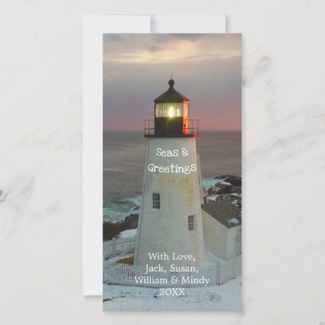 Seas and Greetings Snowy Lighthouse Holiday Card (Front)