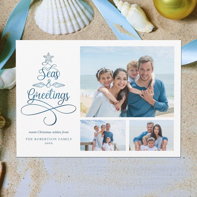 Seas and Greetings Tropical Beach 3 Photo Holiday Card (Creator Uploaded)