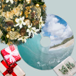Seas And Greetings Typography Hawaiian Barrel Wave Brushed Polyester Tree Skirt<br><div class="desc">"Seas And Greeting" typography with holly leaves.  It's a cute Christmas saying on an aqua blue ocean,  barrel wave just before it crashes ashore the beach of Haleiwa,  Hawaii .  Sunny blue sky and island backdrop.</div>