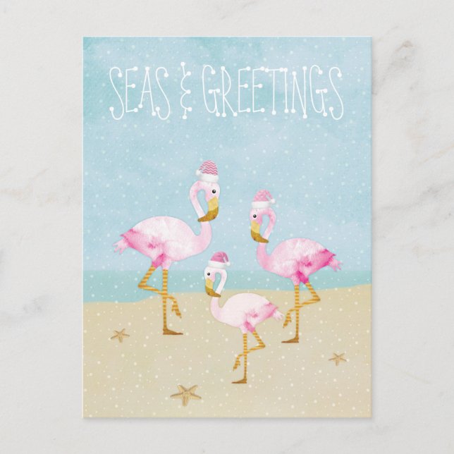 Seas and Greetings Watercolor Pink Flamingos Postcard (Front)