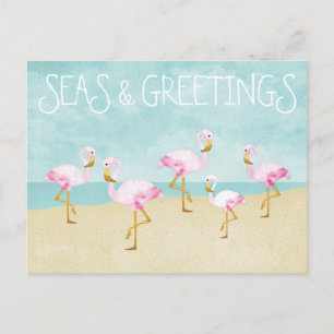 Seas and Greetings Watercolor Pink Flamingos Postcard