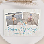 Seas & Greetings 5 Photo Beach Vacation Seashells Holiday Card<br><div class="desc">Use 5 of your favourite beach vacation photos to create a beautiful, fun Christmas card. "Seas and Greetings" is on the front with your customised message at the bottom on a light, coastal wood print. Seashells and starfish accent your beachy themed photos. The back also features the wood print along...</div>