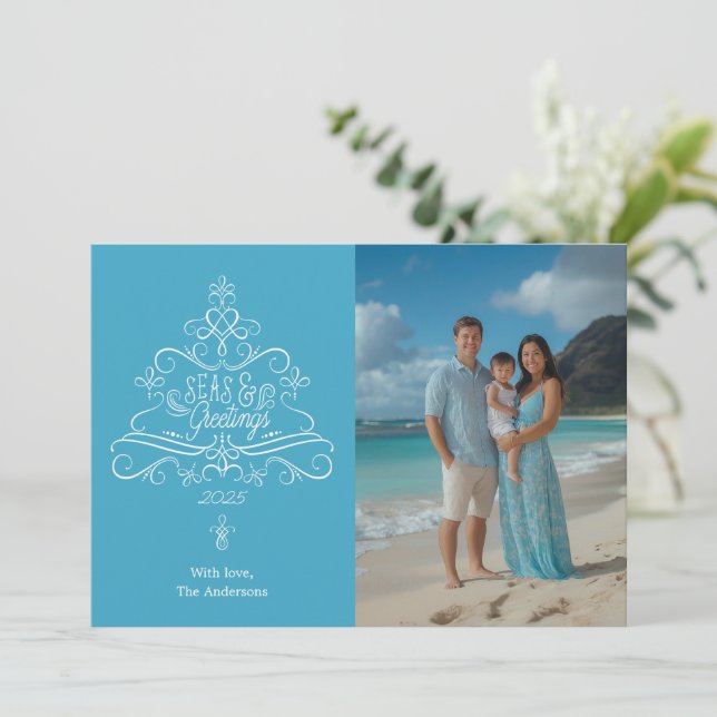 Seas & Greetings Beach Photo Christmas  Holiday Card (Standing Front)