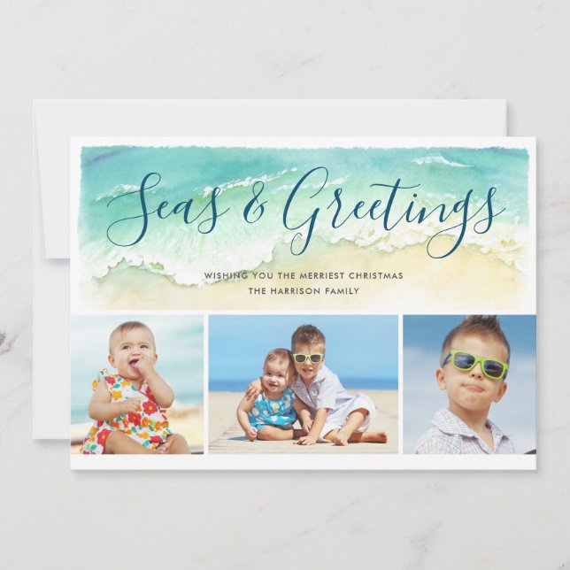 Seas & Greetings Beach Photo Holiday Card (Front)