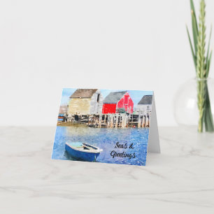 Seas & Greetings Blue Boat Red Fishing Shack Xmas Card