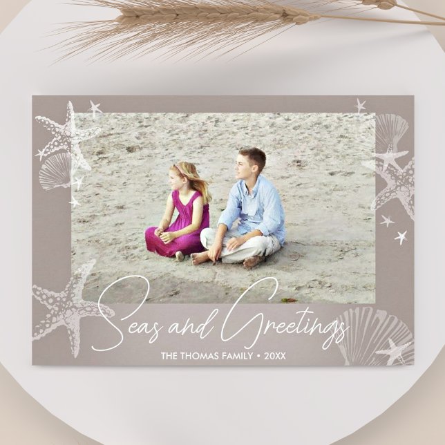Seas & Greetings Chic Neutral Photo Beach Starfish Holiday Card (Creator Uploaded)