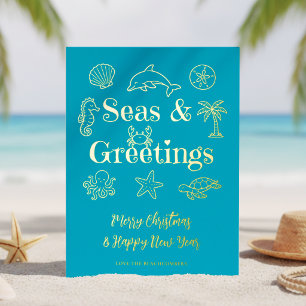 Seas & Greetings Coastal Christmas Typography Foil Holiday Card
