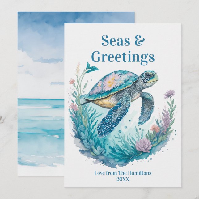 Seas & Greetings Coastal Christmas Watercolor Holiday Card (Front/Back)