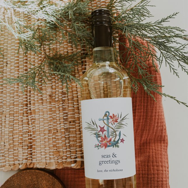 Seas & Greetings | Coastal Holiday Personalised Wine Label (Creator Uploaded)