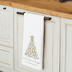 "Seas & Greetings" Coastal Oyster Christmas Tree Tea Towel