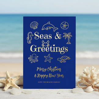 Seas & Greetings Coastal Typography Christmas Foil Holiday Card