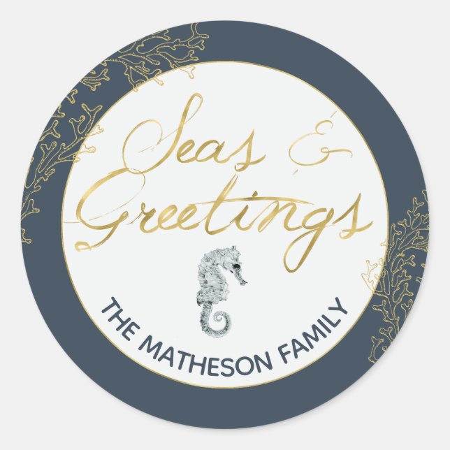 Seas & Greetings Nautical Holidays with Seahorse Classic Round Sticker (Front)
