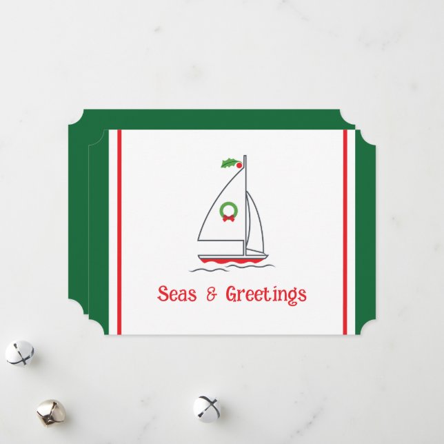 Seas & Greetings Nautical Pun Holiday Card White (Front/Back In Situ)