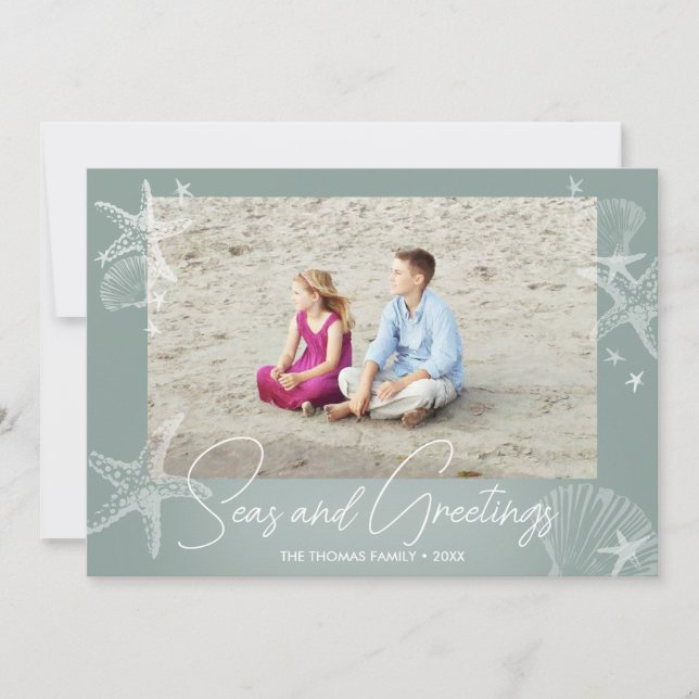 Seas & Greetings Sage Photo Beach Starfish Holiday Card (Front)