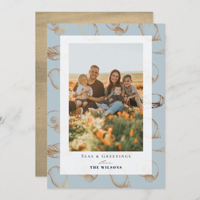 Seas & Greetings Seashell Blue Holiday Photo Card (Front/Back)