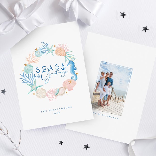 Seas & Greetings Watercolor Seashell Wreath Holiday Card (Seas & Greetings Watercolor Seashell Wreath Holiday Card)