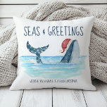 Seas & Greetings Whale Santa Coastal Christmas Cushion<br><div class="desc">Spread some festive cheer with this Seas & Greetings pillow featuring a watercolor whale in a Santa hat! 🐋🎅 This whimsical coastal Christmas design brings the ocean's charm to your holiday decor. Whether you're decorating a beach house or adding a touch of marine-inspired magic to your living room, this pillow...</div>