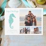 Seas N Greetings Beach Christmas Seahorse Photo Holiday Card<br><div class="desc">This coastal themed 3 photo Christmas card features a cute aqua blue glitter seahorse,  with Seas n' Greetings script. Check out the collection for matching products and other colorways,  or message me through Zazzle Chat if you need a special matching product.</div>