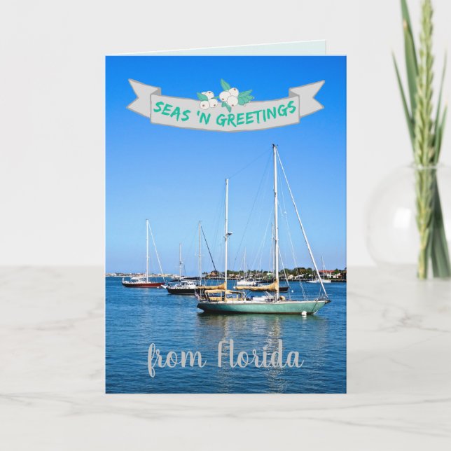 Seas n Greetings from Florida Sailboats on the Bay Holiday Card (Front)