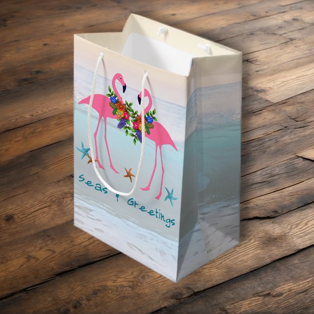 Seas n Greetings Pink Flamingos Christmas Aqua Medium Gift Bag (Creator Uploaded)