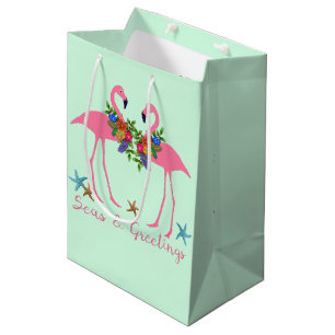 Seas n Greetings Pink Flamingos Christmas Mint Medium Gift Bag